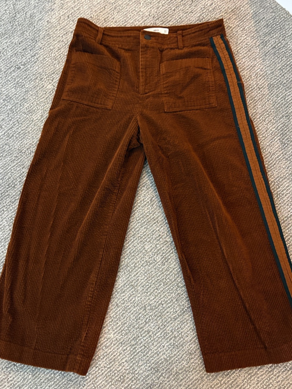 Ming Brown Corduroy Wide-Leg Pants with Navy and Tan Side Stripes